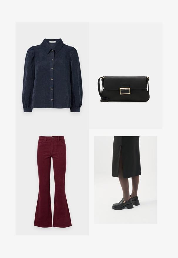 Navy blue corduroy shirt with a collared neckline, front button closure, and puffed sleeves. Features vertical ribbed texture.; Burgundy corduroy flared jeans with five pockets, a front button closure, and textured fabric. Flares extend from knee to hem.; Black leather shoes with a rounded toe, thick block heel, and elastic side accents, paired with dark tights and a black skirt with a slit.; Black leather clutch bag with a flap and a gold metal buckle detail. Includes a black strap and a sleek, minimalist design.
