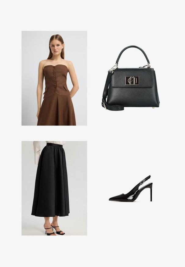 Bruine strapless top met een gestructureerde stof, zes knopen aan de voorkant en zijzakken, met een aansluitend lijfje en een vloeiende onderrand.; Zwarte maxi-rok van gladde stof, met een geraffineerde tailleband en vloeiende uitstraling, gecombineerd met zwarte sandaaltjes met bandjes.; Zwarte lakleren slingback hakken met een puntige neus en een stilettokant. Kenmerkt zich door een uitsnijd ontwerp en een verstelbare band met metallic hardware.; Zwarte, gestructureerde leren handtas met een gestroomlijnde vorm, voorzien van een bovenhandvat, een afneembare schouderband en een goudkleurige logo-sluiting.; Gouden rechthoekige polshorloge met een witte wijzerplaat, zilverkleurige uurmarkeringen en een duurzame metalen schakelarmband. Inclusief waterdichte functie.