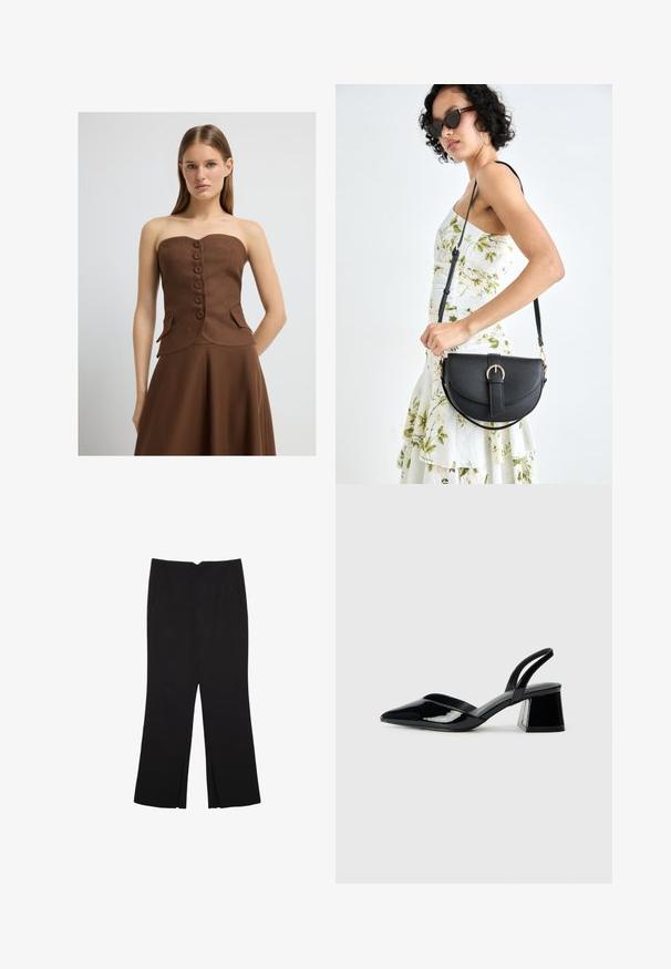 Top marrone senza spalline con un tessuto texturizzato, sei bottoni frontali e tasche laterali, dotato di un corpino aderente e orlo inferiore svasato.; Pantaloni neri a gamba dritta, con tasche frontali e spacchi laterali all'orlo. Realizzati in tessuto morbido e liscio. Adatti a diverse occasioni.; Décolleté in vernice nera con punta affusolata e tacco in geometria cubica. Presentano un design elegante e minimalista, con una texture liscia.; Borsa a tracolla nera in pelle con una forma curva, manico rimovibile e accessori dorati. La borsa presenta una patta con un dettaglio a fibbia.