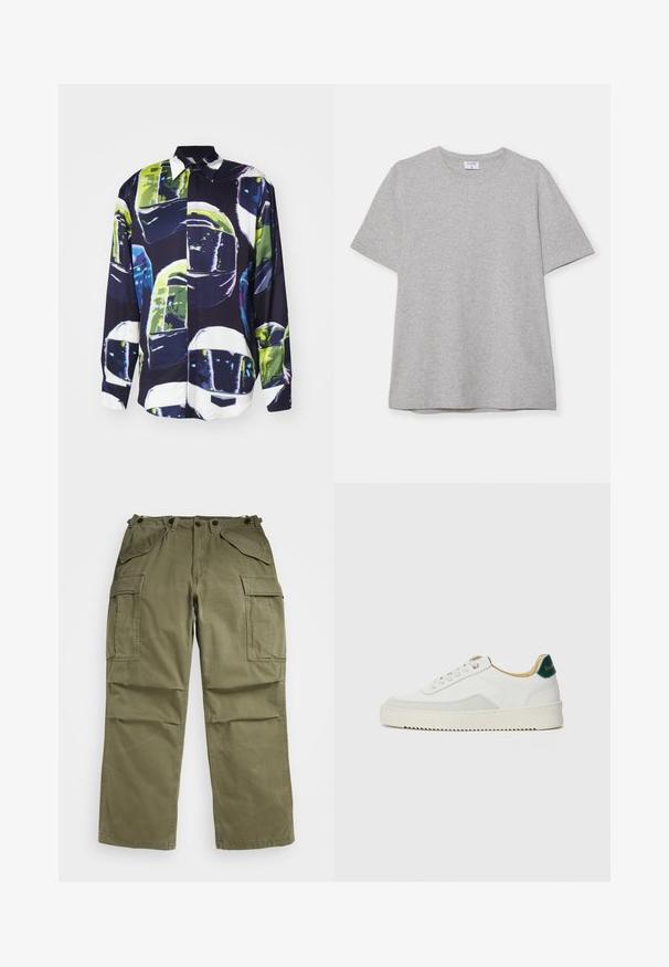 MSGM CAMICIA - Hemd - black; Graues T-Shirt mit kurzen Ärmeln aus weichem, strukturiertem Stoff. Verfügt über einen klassischen Rundhalsausschnitt und einen geraden Saum, geeignet für legere Trageanlässe.; Olivegrüne Cargo-Hosen aus strukturiertem Stoff, mit mehreren Front- und Seitentaschen sowie verstärkten Nähten an den Säumen.; Weiße Sneaker mit Wildlederelementen, runder Zehenpartie, flachen Schnürsenkeln und einer cremefarbenen Gummisohle. Mit grünen Markenlogo am Fersenbereich.