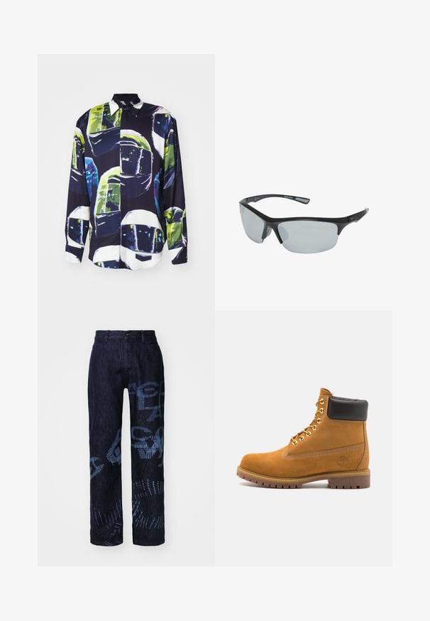 MSGM CAMICIA - Camicia - black; Pantaloni in denim scuro con vestibilità ampia, decorati con motivi grafici blu e chiusura a bottone. Il tessuto presenta un aspetto texture e ha gambe dritte.; Stivale alla caviglia in suede tan con collare imbottito nero, occhielli in metallo dorato, dettagli in cucitura bianca e suola in gomma robusta con battistrada pronunciato.; Occhiali da sole sportivi in plastica nera con lenti grigie, design aerodinamico, forma curvata e braccia texturizzate per una presa migliorata.