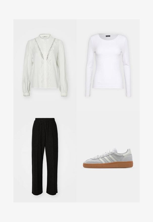 Witte blouse met geplooide mouwen, verticale plooien en kantafwerking langs de knoopsluiting. Voorzien van knoopsluiting en decoratieve manchetten.; Witte geribbelde langemouwen top met een ronde halslijn. Gemaakt van een rekbare stof die het lichaam volgt. Heeft subtiele horizontale lijnen.; Zwarte, wijde broek met witte verticale streepjes, voorzien van een elastische tailleband voor comfort en een zachte, gladde textuur.; Lichtgrijze suède sneaker met witte leren accenten, drie witte strepen en een bruine rubberen zool, met een gewatteerde kraag voor comfort.