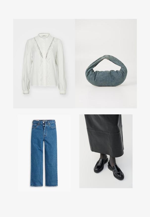 Fehér blúz begombolt ujjakra, függőleges redőkkel és csipke díszítéssel a gomboláson. Gombos záródással és díszes mandzsettákkal rendelkezik.; Kék farmer egyenes szárú nadrág, magas derékkal, öt zsebes kialakítással és gombos résszel. Figyelemfelkeltő varrás és rézszínű szegecsek jellemzik.; Fekete bőr loafer cipők sima felülettel, díszítő pánttal, kerek orral és texturált talppal. Hosszú fekete bőr szoknyával viselve.; Kék farmerből készült táska párnázott, lekerekített formával és ívelt fogantyúval. A textúra puha, látható varrásokkal és sima felülettel rendelkezik.