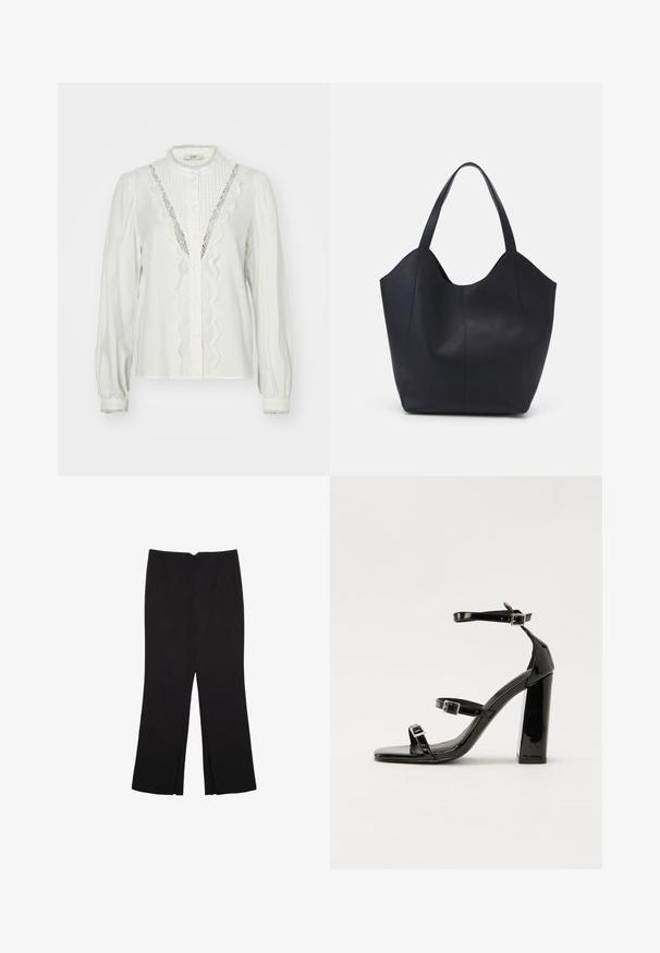Blusa bianca con maniche arricciate, pieghe verticali e bordi in pizzo lungo la paletta. Presenta chiusura con bottoni e polsini decorativi.; Pantaloni neri a gamba dritta, con tasche frontali e spacchi laterali all'orlo. Realizzati in tessuto morbido e liscio. Adatti a diverse occasioni.; Sandali con tacco in vernice nera, con punta squadrata, cinturini alla caviglia e fibbie in argento. Presentano un tacco a blocco spesso per maggiore stabilità.; Borsa tote nera realizzata in pelle liscia, con una parte superiore curva e aperta, dotata di due manici per spalla e un design minimalista.