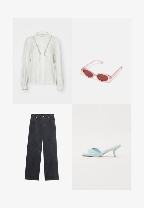 Hvit bluse med samlet ermer, vertikale folder og blonder langs knappeplaten. Har knappelukking og dekorative mansjetter.; Bredde ben bukser i mørkegrå kordfløyel med knappelukking, fire lommer og en myk tekstur.; Lyseblå hælsklisandal med krokodillemønster, åpen tå og slank stilettohæl. Glatt, blank overflate uten dekorasjoner.; Rosa transparente solbriller med ovale linser, mørkerød farge, og slanke armer, med en glatt finish og subtile detaljer på rammen.