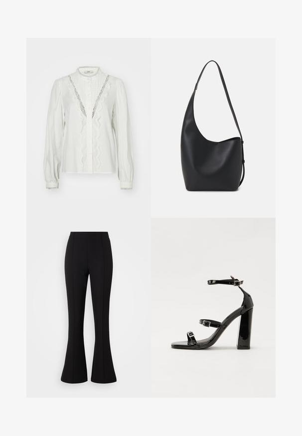 White blouse with gathered sleeves, vertical pleats, and lace trim along the placket. Features button closure and decorative cuffs.; Black flared pants made from stretchy fabric, featuring a smooth texture, high waist, and seam detailing along the front.; Black patent heeled sandals with a square toe, ankle straps, and silver buckles. Features a chunky block heel for stability.; Black leather hobo bag with a smooth texture, curved shape, and single adjustable strap; features a wide opening at the top.