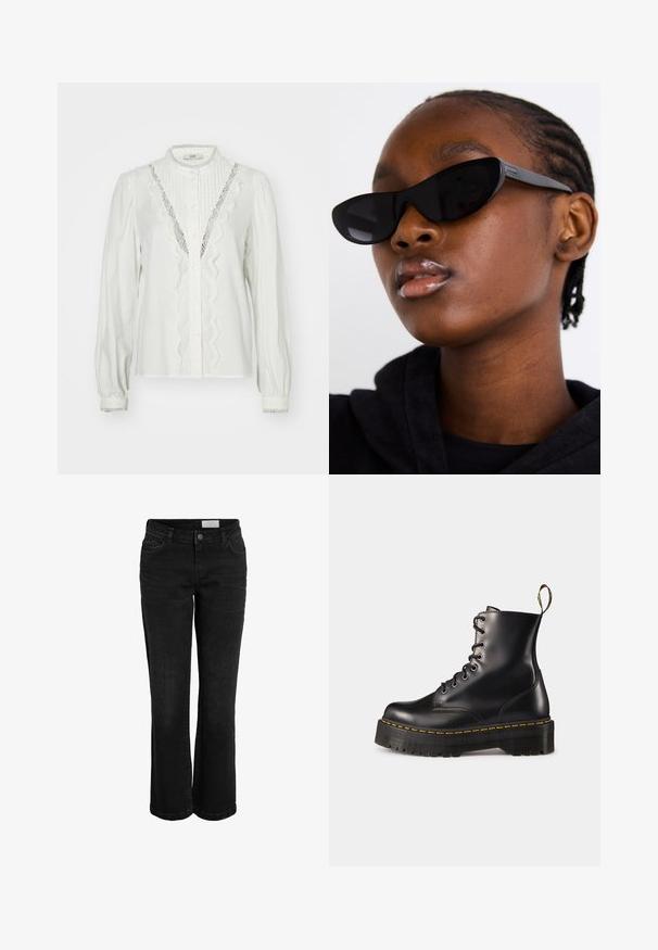 Weiße Bluse mit gerafften Ärmeln, vertikalen Falten und Spitzenbesatz entlang der Knopfleiste. Verfügt über einen Knopfverschluss und dekorative Manschetten.; Schwarze Jeans aus Denim mit schmaler Flared-Form, fünf Taschen und einem Knopfverschluss. Verfügt über dezente Nähte und einen klassischen Bund.; Schwarze Leder-Schnürstiefel mit knöchelhohem Schaft, einer robusten schwarzen Sohle und gelben Nähten. Verfügt über eine Lasche hinten und runde Metallösen.; Schwarze Cat-Eye-Sonnenbrillen mit matter Oberfläche, die sich durch ein elegantes Design und sanft geschwungene Kanten auszeichnen, vor einem Modell in dunkler Kleidung.