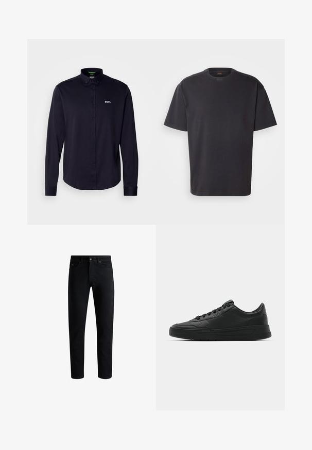 Marineblauwe overhemd met lange mouwen en knopen, voorzien van een kraag, met een wit "BOSS"-logo op de borst, gemaakt van een gladde, gemêleerde stof.; Zwarte T-shirt met korte mouwen van katoen, met een ronde halslijn en subtiele branding bij de kraag. Gladde textuur met een relaxte pasvorm.; Zwarte slim-fit jeans met vijf zakken, knoopsluiting en riemlussen, tegen een witte achtergrond gepresenteerd.; Zwarte sneaker met een glad leren bovenwerk, ronde neus, platte veters, gewatteerde kraag en minimalistisch design. Rubberen zool met een subtiel profiel.