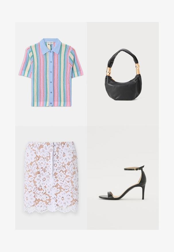 Kurzesck-oberhemd mit blauem Kragen, mit vertikalen Streifen in Pink, Grün, Creme und Blau. Leichtes, strukturiertes Material.; Weißer Spitze-Rock mit floralem Muster, gewelltem Saum und diskreten Verzierungen. Besitzt ein tailliertes Design und einen verdeckten Reißverschluss auf der Rückseite.; Schwarze Leder-high-heeled Sandale mit Knöchelriemen. Verfügt über eine glatte Textur, offene Zehen und einen dünnen Absatz. Goldfarbener Schnallenakzent.; Schwarze Lederhandtasche mit runder Form, weicher Textur und einem geknoteten Griff mit goldfarbenen Hardware-Akzenten. Reißverschlussverschluss.
