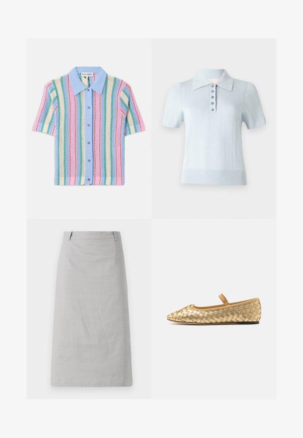 Krátky rukáv pleteného trička s modrým golierom, ktorý má vertikálne pruhy v ružovej, zelenej, krémovej a modrej farbe. Ľahký, textúrovaný materiál.; Svetlomodrá polokošeľa s krátkym rukávom, so ribovanou textúrou, rovnou golierikom a predným zapínaním na šesť zodpovedajúcich gombíkov.; Sivá ceruzková sukňa s hladkou textúrou, priliehavým strihom a plochým pásom, s bočnými švami a bez viditeľných vzorov či akcentov.; Loeffler Randall LEONIE SOFT BALLET FLAT - Balerínky s remienkom okolo členku - gold