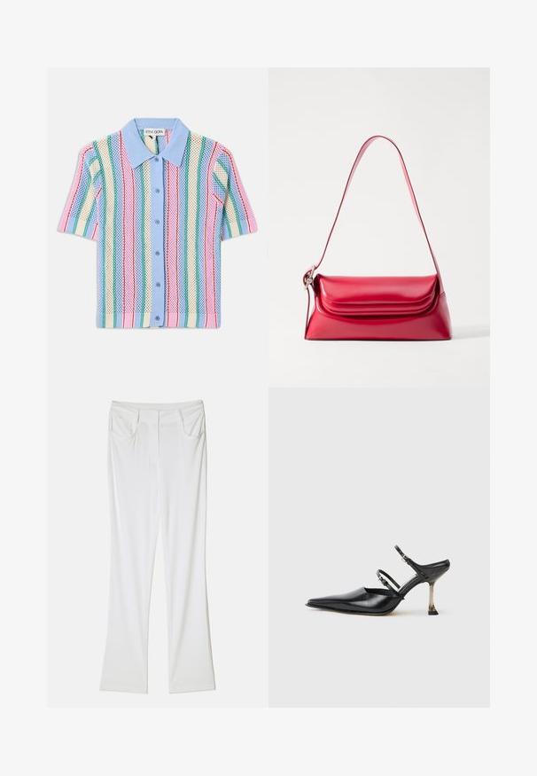 Īsām piedurknēm adīta krekls ar zilu apkakli, kam ir vertikālas svītras rozā, zaļā, krēmkrāsā un zilā krāsā. Viegls, teksturēts materiāls.; Baltas izplūdušas bikses ar gludu auduma struktūru, kas aprīkotas ar divām priekšējām kabatām un šūtu jostu, lai nodrošinātu pieguļošu izskatu.; Melna ādas kurpe ar smailu purngalu un diviem regulējamiem siksniņām, kā arī metāla papēdi. Gluda tekstūra un minimālistisks dizains.; Sarkans ādas rokassomu ar strukturētu formu, gludu tekstūru un vienu regulējamu siksnu. Iezīmējas ar noapaļotu vāku.