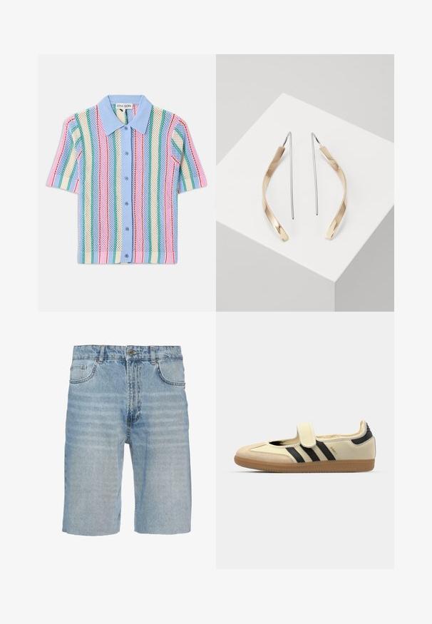 Korte mouw gebreide shirt met blauwe kraag, voorzien van verticale strepen in roze, groen, crème en blauw. Lichtgewicht, gestructureerd materiaal.; Leren denim shorts in lichtblauw, met een klassieke vijf-pocket stijl, knoopsluiting, recht model en subtiele vervaging op de stof.; adidas Originals SAMBA JANE - Ballerina's met enkelbandjes - cream white/core black; Gouden en zilveren drop oorbellen met een gebogen, langwerpige vorm. Glanzende afwerking met een gladde textuur en een minimalistisch ontwerp.