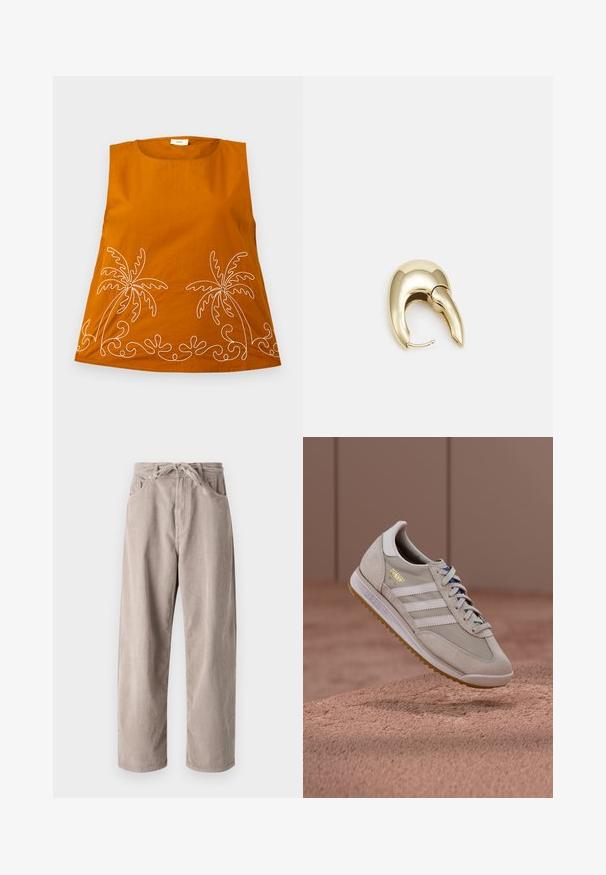 Oranžna brezrokavna bluzica z belim vezenjem palmovega drevesa in valovitimi vzorci ob robu. Gladek bombažni material, okrogel izrez in sproščen kroj.; Beige kordurojske hlače s sproščenim krojem, ki imajo vrvico za prilagajanje pasu, dva sprednja žepa in vertikalno rebrasto teksturo.; Bež superge z zgornjim delom iz semiša in mrežastega materiala, belimi tremi črtami, gumijastim podplatom v barvi gume, modrimi vezalkami ter zlatim logotipom kot poudarkom. Klasičen retro dizajn.; Uhane nakit iz zlatastega tona z gladko, ukrivljeno zasnovo. Ima edinstveno koničasto obliko, polirano površino in zaponko s tečajem.