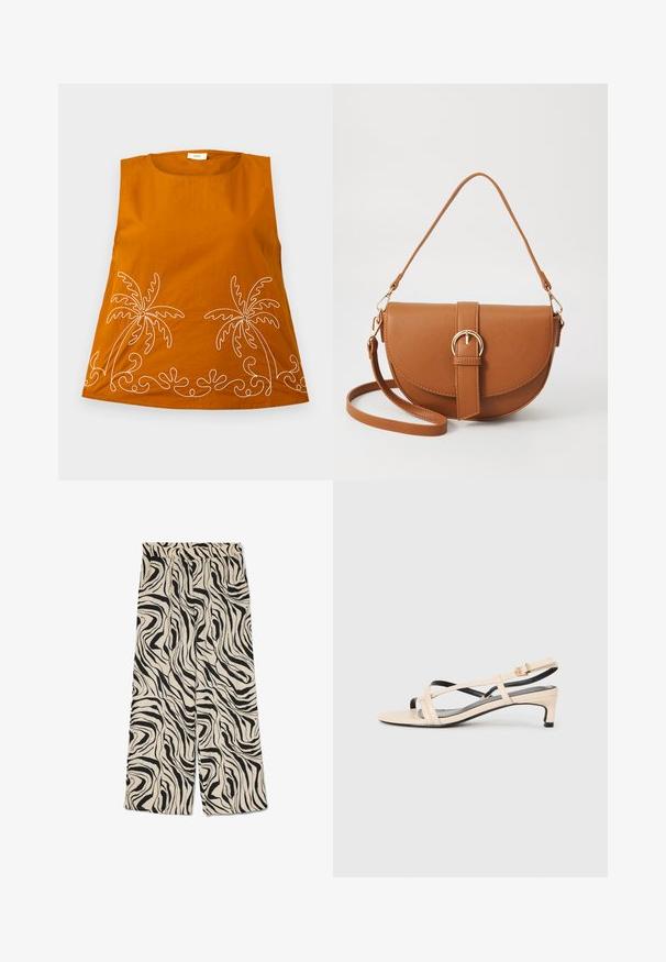Top arancione senza maniche con ricami bianchi di palme e motivi ondulati all'orlo. Tessuto di cotone morbido, scollo rotondo e vestibilità comoda.; Pantaloni a gamba larga su sfondo crema con un audace motivo astratto a strisce nero. Presentano una vita elastica e una texture liscia.; Sandalo slingback in pelle beige con cinturini incrociati, tacco basso e dettagli neri. Texture liscia e design minimalista.; Borsa a tracolla in pelle marrone con forma curvata, hardware dorato e un dettaglio con fibbia. Presenta una tracolla rimovibile.