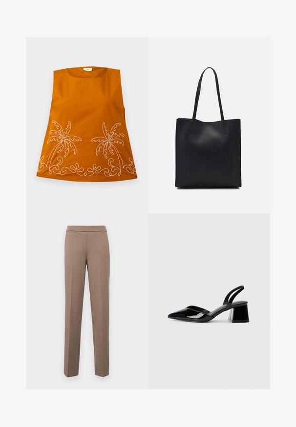 Top laranja sem mangas com bordados de palmeiras brancas e padrões ondulados na barra. Tecido de algodão suave, decote arredondado e ajuste descontraído.; Calças castanhas, ajustadas, com um tecido suave e elástico. Pernas retas e uma cintura lisa sem ferragens ou bolsos visíveis.; Sandy em verniz preto com salto slingback, ponta afilada e salto geométrico. Apresenta um design elegante e minimalista com textura suave.; Bolsa tote preta em couro com textura lisa, forma retangular e duas alças longas. Sem hardware ou enfeites visíveis.