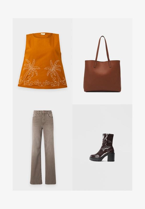 Kreevitud oranž ilma varrukateta topp, millel on valge palmipuude tikand ja lainelised mustrid allääres. Sile puuvillane kangas, ümmargune kaelus ja mugav lõige.; Pruunid kõrge vöökohtadega sirged teksad, millel on ees nupp, vöölõngad ja klassikaline viie tasku disain valgel taustal.; Klakav läikiv burgundi värvi pahkluu saabas, millel on paks must konts, sile tekstuur ja lihtne disain. Nähtavad kinnitused või mustrid puuduvad.; Pruun nahast tote-kott, millel on sile tekstuur, avatud ülaosa disain ja kaks õlarihma. Omab minimaalset õmblust ja nähtavat riistvara ei ole.