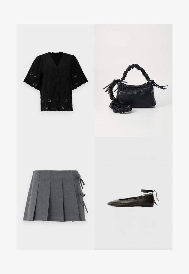 Sort kortærmet bluse med V-hals, der har blomsterbroderi og udskæringer. Blødt stof med en tekstureret overflade.; Grå plisseret nederdel med en talje med bindebånd, lavet af struktureret stof, med en ren skæring og ingen synlige hardware.; Sorte læder ballerinaer med spids tå, ankelbinding og flad sål, der har en glat tekstur og minimalistisk design.; Sort kunstlæder håndtaske med krokodilteksur, indsnøret top og en sammenkrøben rem. Ser blød og kompakt ud i designet.
