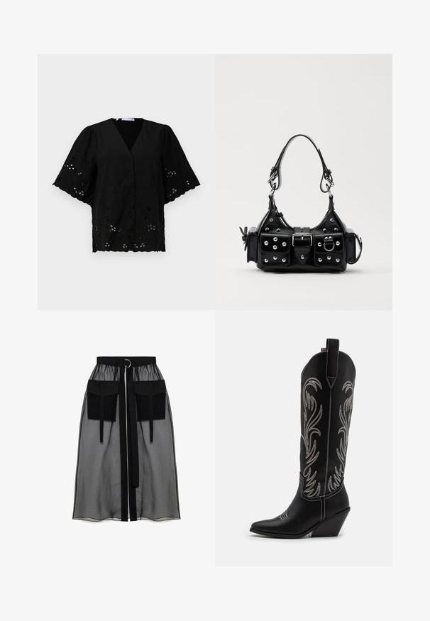 Črna kratka bluza s kratkimi rokavi in V-izrezom, okrašena s cvetličnim vezenjem in izrezanimi detajli. Mehka tkanina z teksturirano površino.; Črna prozorna krila z nabranim pasom, ki ima dva velika sprednja žepa, pas za zavezovanje in okroglo kovinsko dekoracijo.; Črne usnjene kavbojske čevlje s koničastimi prsti, klinastimi petami in srebrnimi vezeninami cvetnega vzorca po vsej dolžini. Kontrastno šivanje povsod.; Črna usnjena torbica s ukrivljenim dizajnom, ki vsebuje srebrne žebljičke, zaponko in dve stranski žepki. Nastavljiv trak za različne možnosti nošenja.