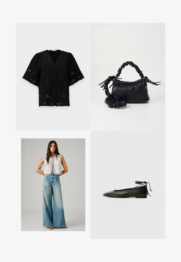 Schwarze Kurzarmbluse mit V-Ausschnitt, versehen mit floralen Stickereien und Cut-Out-Details. Weicher Stoff mit strukturierter Oberfläche.; Frau trägt ein ärmelloses weißes Oberteil mit blumigem Muster, kombiniert mit hochgeschnittenen, weiten, hellblauen Jeans und braunen Schuhen, steht mit hinter dem Rücken verschränkten Händen.; Schwarze Leder-Ballerinas mit spitzem Zehenbereich, Knöchelband und flacher Sohle, die eine glatte Textur und ein minimalistisches Design aufweisen.; Schwarze Handtasche aus Kunstleder mit Krokodilstruktur, gerafftem oberen Teil und einem geschoppten Tragegurt. Sie wirkt weich und kompakt im Design.