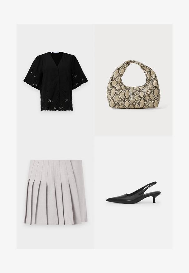 Czarna bluzka krótkiego rękawa z dekoltem w kształcie litery V, ozdobiona haftem kwiatowym i wycięciami. Miękka tkanina o fakturowanej powierzchni.; Szara plisowana spódnica o gładkiej fakturze, z licznymi pionowymi fałdami i dopasowaną talią. Wykonana z lekkiego materiału.; Czarne skórzane buty typu slingback z wydłużonym noskiem i smukłym, zakrzywionym obcasem. Posiadają dyskretny regulowany pasek z metalową klamrą.; Torebka w wężowy wzór z zakrzywionym uchwytem. Wykonana z teksturowanych, beżowych i brązowych materiałów, z charakterystycznym wzorem w diamenty.