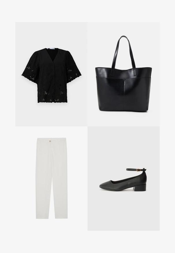 Blusa nera a maniche corte con scollatura a V, caratterizzata da ricami floreali e dettagli con apertura. Tessuto morbido con superficie testurizzata.; Pantaloni bianchi su misura con design a gamba dritta, dotati di chiusura a bottone, passanti per cintura e tasche laterali; tessuto morbido.; Pump in pelle nera con punta affusolata e tacco basso a blocco. Presenta una cinghia alla caviglia con una fibbia in tonalità oro. Texture liscia.; Borsa a tracolla in pelle nera con due manici lunghi, una texture liscia e una forma strutturata. Presenta una tasca frontale per ulteriore spazio di archiviazione.