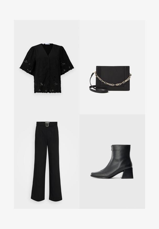 Bluză scurtă, neagră, cu mânecă scurtă și decolteu în V, având broderie florală și detalii decupate. Material moale cu o suprafață texturată.; Pantaloni negri, cu croi larg, dintr-un material ușor, având o textură netedă, plii frontale și o curea cu o cataramă metalică pătrată.; Botină neagră din piele, cu vârf pătrat, fermoar pe lateral și toc bloc, pe un fundal simplu deschis.; Geantă de umăr din piele neagră, cu o textură netedă, formă rectangulară și un detaliu din lanț metalic în față. Include curea reglabilă.
