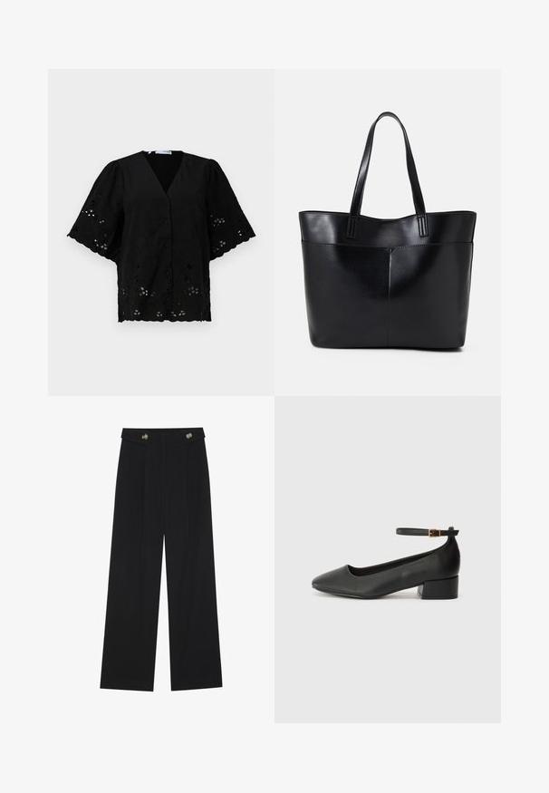 Juoda trumpomis rankovėmis blausda su V formos iškirpte, puošta gėlių siuvinėjimu ir išpjovomis. Minkšta medžiaga su tekstūruota paviršiumi.; Juodi plačios kojos kelnės su aukštu liemeniu, sagų detalėmis ant liemens ir priekinėmis raukšlėmis.; Juodas odinis aukštakulnis batelis su smailiu pirštu ir žemu bloku. Su kulkšnies dirželiu su auksinės spalvos sagtimi. Lygus paviršius.; Juoda odinė rankinė su dviem ilgais diržais, lygiu paviršiumi ir struktūrizuota forma. Yra priekinė kišenė papildomam saugojimui.