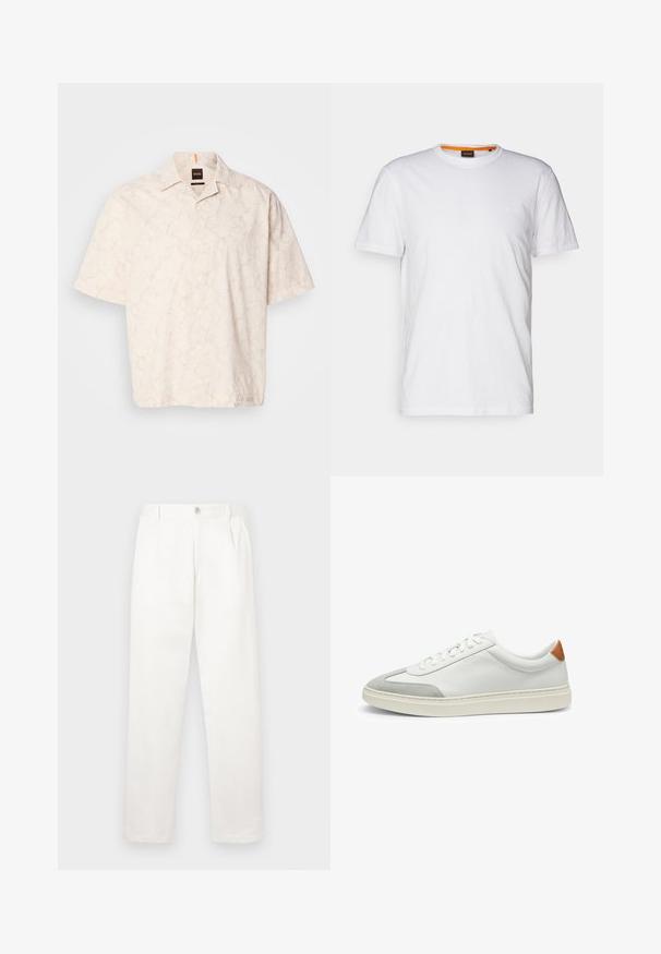 Camisa de manga corta, abotonada, en un color beige claro con un sutil patrón de mármol, hecha de tejido suave, con un cuello clásico y etiqueta en el pecho.; Camiseta de algodón blanca con cuello redondo, mangas cortas y un sutil logo en relieve en el pecho. La etiqueta interior tiene un acento naranja.; Pantalones blancos hechos de una tela suave, con un diseño de pierna recta, pliegues en la parte frontal y un cierre de botón en la cintura.; Zapatillas de cuero blanco con acentos de ante gris y un refuerzo de cuero marrón claro en el talón. Presentan una superficie texturizada y una suela ligera.