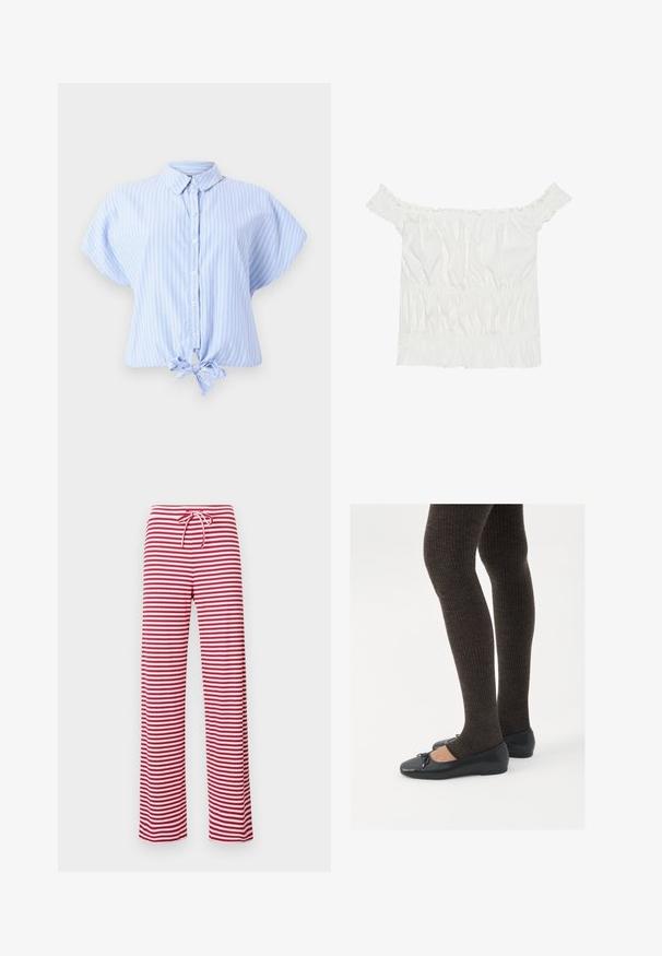 Camisa de botão azul claro de mangas curtas com riscas verticais brancas e detalhe de laço na frente, feita de um tecido suave com um corte descontraído.; Top branco sem alças com detalhes em babados, textura franzida e cintura elástica. Feito de tecido de algodão macio.; Calças folgadas em riscas vermelhas e brancas, com cintura elástica e textura ribanas. O design de perna reta estende-se até ao comprimento do tornozelo.; Sapatos planos pretos com um pequeno laço na ponta, emparelhados com meias-calças caneladas castanhas escuras. Os sapatos têm uma textura suave e um design discretamente baixo.