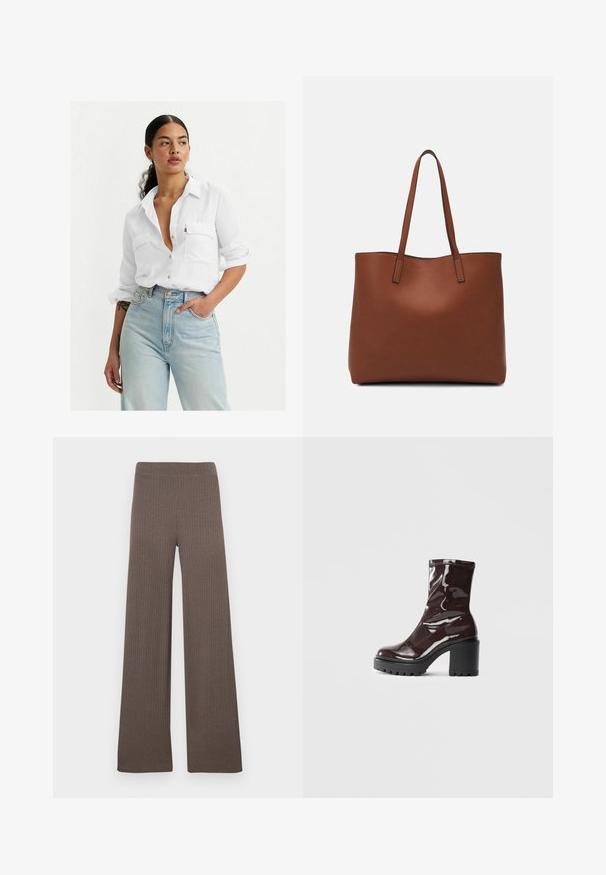 Weißes Hemd mit Knopfleiste, zwei Brusttaschen, aufgekrempelten Ärmeln und lässiger Passform, kombiniert mit hellblauen, hochgeschnittenen Jeans und minimalem Zubehör.; Gerippte Wide-Leg-Hose in Dunkelbraun, mit elastischem Bund und weichem, strukturiertem Stoff.; Glatte bordeauxrote Ankle Boots mit einem klobigen schwarzen Absatz, die eine glatte Oberfläche und ein einfaches Design aufweisen. Keine sichtbaren Verschlüsse oder Muster.; Braune Leder-Tote mit glatter Textur, offenem Oberteil und zwei Schulterriemen. Verfügt über minimale Nähte und keine sichtbaren Beschläge.