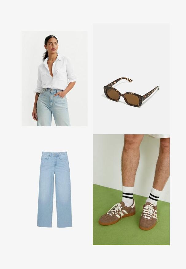 Biała koszula z guzikami, z dwiema kieszeniami na piersiach, podwiniętymi rękawami i luźnym krojem, zestawiona z jasnoniebieskimi spodniami high-waisted i minimalnymi dodatkami.; Jasnoniebieskie dżinsy szerokie w nogawkach, wykonane z denimu, z wysokim stanem, prostym krojem oraz pięcioma kieszeniami i czystym wykończeniem.; Brązowe zamszowe sneakersy z białymi akcentami i sznurówkami. Gumowa, brązowa podeszwa. Noszone z białymi skarpetkami w czarne paski. Zielona teksturowana podłoga.; Okulary przeciwsłoneczne w kratkę z zaokrągloną, grubą oprawą i brązowymi soczewkami. Posiadają subtelne wzory oraz proste, zwężane zauszniki.; Zign - Torba na zakupy