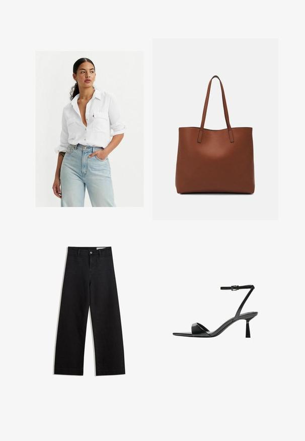Witte button-up shirt met twee borstzakken, opgerolde mouwen en een relaxte fit, gecombineerd met lichtblauwe high-waisted jeans en minimalistische accessoires.; Zwarte denim broek met wijde pijpen en een hoge taille, voorzien van voor- en achterzakken, gestikte naden en een knoopsluiting. Gladde textuur.; Bershka Sandalen met hoge hak - black; Bruine leren tote bag met een gladde textuur, een ontwerp met een open bovenkant en twee schouderbanden. Kenmerkt zich door minimale stiksels en geen zichtbare hardware.