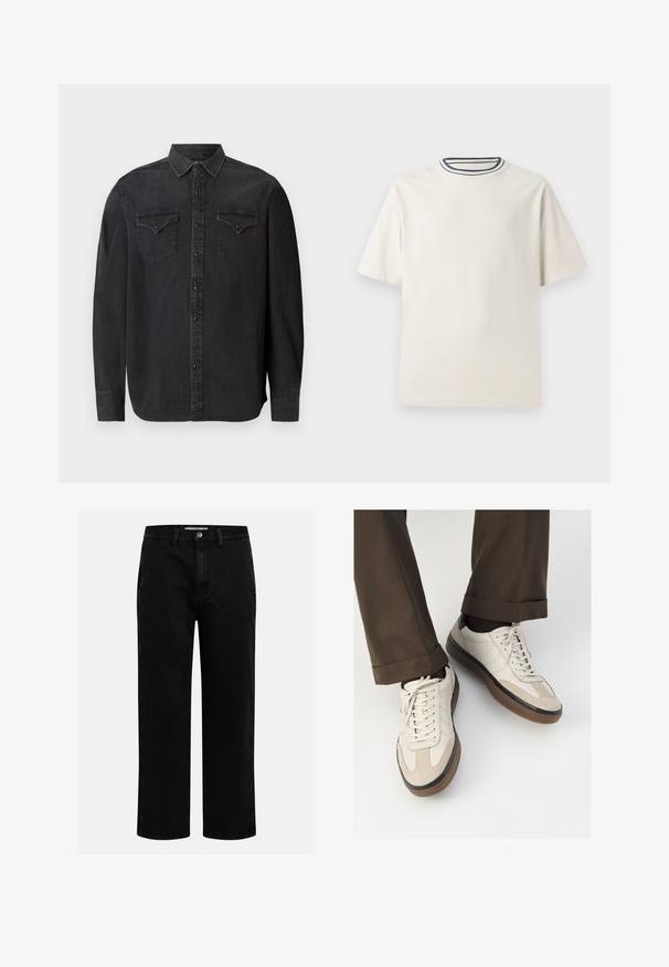 Langermet svart denimb skjorte med klassisk krage, trykknapplukking, to brystlommer og en subtil rød logodetalj.; Kremfarget bomulls T-skjorte med korte ermer, med rund halskant pyntet med marineblå og hvite striper. Glatt tekstur, avslappet passform.; Svarte denimbukser med rett benkutt, klassisk fem-lomme design og knappelukking i livet. Glatt tekstur og slitesterkt stoff.; Beige sneakers med teksturert semsket front, glatte skinnsider og en brun gummisåle. Snører og lys syddetalj inkludert.