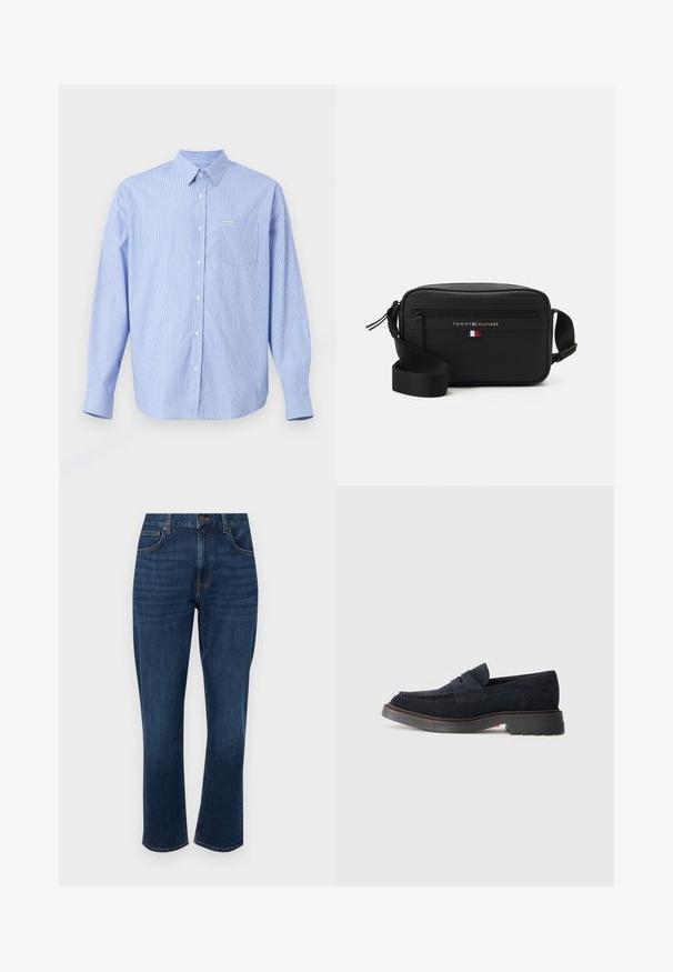 Camicia button-up azzurra chiara con righe bianche verticali, maniche lunghe, colletto punta, taschino singolo sul petto e una piccola etichetta del marchio.; Jeans in denim blu scuro con taglio dritto, cinque tasche, dettagli cuciti sottili e chiusura frontale con bottone.; Mocassini in suede blu navy con punta arrotondata, cuciture decorative e suola in gomma con una leggera elevazione. Materiale e design durevoli.; Borsa a tracolla nera realizzata in materiale testurizzato, dotata di scomparto con zip, tracolla regolabile e logo con accento tricolore.