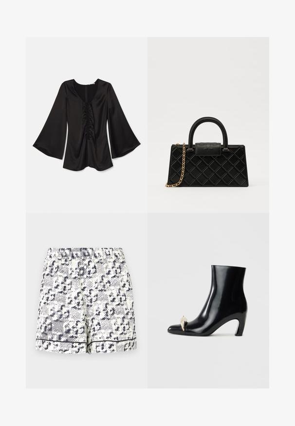 Melna satīna blūze ar garām, izplešamām piedurknēm. Iezīmēta ar dziļu apaļu kaklu un ručotu detaļu centrā. Gluda tekstūra. Aizmugures rāvējslēdzēja aizdare.; Balti šorti ar melnu abstraktu rakstu, elastīgu jostasvietu un vienkrāsainu melnu apdari gar malu. Izgatavoti no viegla auduma.; Melnas potītes zābaki, izgatavoti no spīdīgas ādas, ar smailu purngalu un dekoratīvu zelta un sudraba akcentu priekšpusē. Bloka papēža dizains.; Melnā rokassomiņa, kas izgatavota no teksturētas ādas, ar dimanta rakstu, zelta toņa ķēdes siksnu un augšējo rokturi ar logo reljefā slēgšanu.