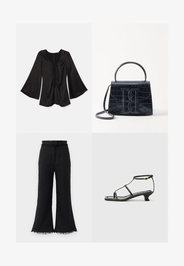 Blusa nera in satin con maniche lunghe e svasate. Presenta un profondo scollo a barca e dettagli arricciati al centro. Texture liscia. Chiusura con zip sul retro.; Pantaloni neri a gamba larga con tessuto texturizzato, orlo sfrangiato e vita elasticizzata. Il design presenta una finitura liscia e una vestibilità rilassata.; Sandalo in pelle nera con punta quadrata, cinturini sottili, cinturino alla caviglia regolabile e tacco basso. Presenta un piccolo accento dorato sul cinturino.; Borsa in pelle nera con incisione a forma di coccodrillo, dal design strutturato, dotata di manico superiore, tracolla regolabile e un evidente dettaglio logo frontale.