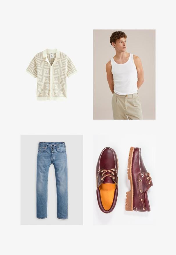 Beżowa koszula z krótkim rękawem na guziki, z geometrycznym wzorem kwadratów i kołnierzem z klapą, wykonana z lekkiej dzianiny.; Biały bawełniany top na ramiączkach z okrągłym dekoltem i szerokimi ramiączkami, połączony z jasnobeżowymi spodniami z guzikiem i plisami.; Jasnobłękitne dżinsy o prostym kroju nogawek, pięć kieszeni i zapięcie na guziki. Zawierają subtelne przetarcia i akcenty szwów.; Bordowe skórzane buty z brązowymi gumowymi podeszwami, okrągły czubek, białe przeszycia i złote oczka. Wnętrze posiada żółtą podszewkę.
