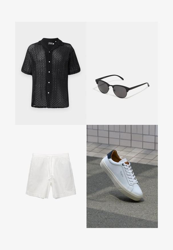 Čierna krátka rukávová košeľa z čipkového materiálu s chevron vzorom, golierom a gombíkovým zapínaním na biele gombíky.; Biele bavlnené šortky s elastickým pásom a šnúrkou, bočnými vreckami a rovným strihom so zaoblenými okrajmi.; Biele kožené tenisky s námorníckym opätkom, okrúhlou špičkou a kontrastnými hnedými akcentami. Majú ploché šnúrky a textúrovanú gumovú podrážku.; Čierne slnečné okuliare s okrúhlymi šošovkami, matným povrchom a charakteristickým tvarom mačacích očí. Úzke ramená s nenápadným brandingom na ľvom chráničku.