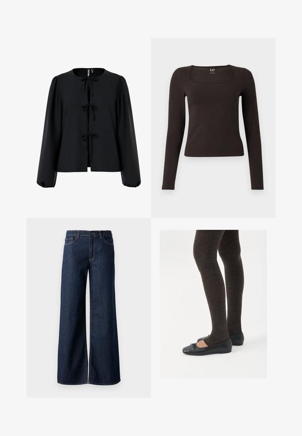 Must ümar kaelus, ees kolm rihma, pika puhviga varrukad ja tekstuuriga kangas.; Must musta, sobiv ülikond, neljakandiline kaelus, sildiga GAP, valge tausta peal.; Laiad teksad tumesinises denimis. Omab kontrastõmblusi, viit taskut ja nupukinnitust vööl. Sile tekstuur.; Mustad mustad kingad väikese teksaga varvaste juures, koos tumedate pruunide ribakangastega. Kingadel on sile tekstuur ja madal profiil.