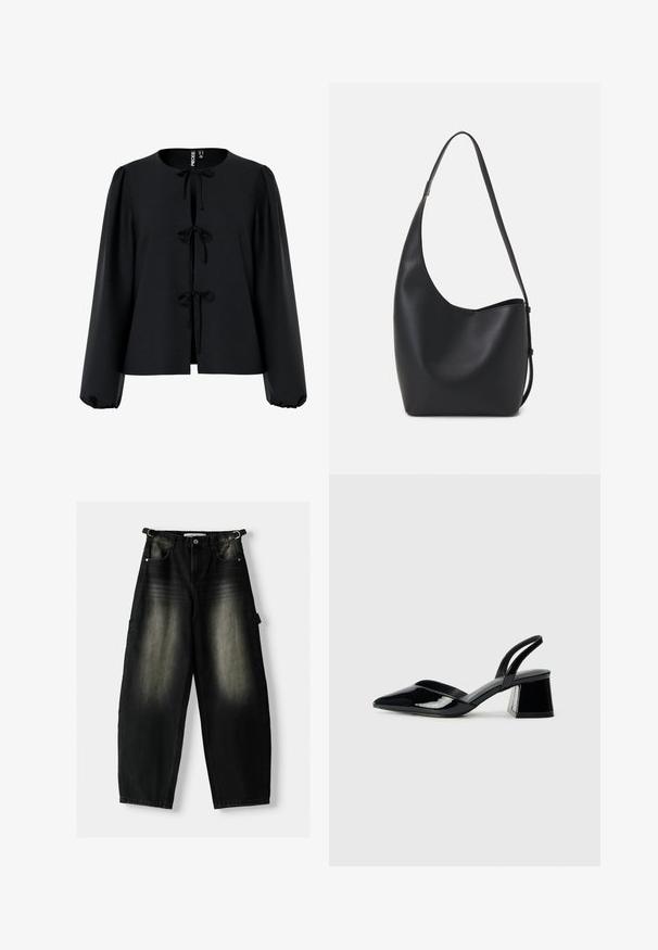 Blusa cropped nera con scollatura rotonda, tre fiocchi sul davanti, maniche lunghe a sbuffo e un tessuto testurizzato.; Pantaloni in denim neri larghi con una texture sbiadita, cinque tasche e un anello sulla vita. Il design presenta una vestibilità ampia e gambe dritte.; Décolleté in vernice nera con punta affusolata e tacco in geometria cubica. Presentano un design elegante e minimalista, con una texture liscia.; Borsa hobo nera in pelle con una superficie liscia, forma curvata e una singola tracolla regolabile; presenta un'ampia apertura nella parte superiore.