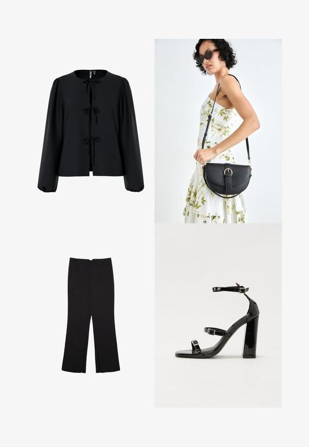 Svart kort blus med rund halsringning, tre band fram, långa puffärmar och en texturerad tyg.; Svarta byxor med rak passform, utrustade med framfickor och sidoklyvningar vid fållen. Tillverkade av mjukt, slätt tyg. Lämpliga för olika tillfällen.; Svarta lackerade högklackade sandaler med två spännband, fyrkantig tå och en tjock klack, med en slät och glansig yta.; Svart läderhandväska med en böjd form, avtagbar rem och guldiga detaljer. Väskan har ett lock med en spänndetalj.