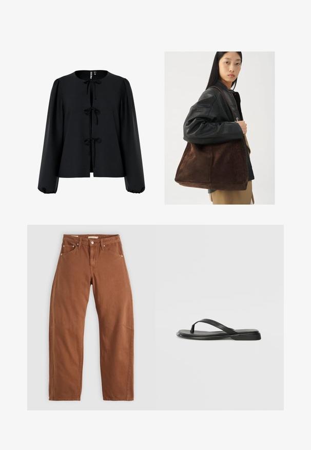 Svart kort blouse med rund utringning, tre knytinger foran, lange puffede ermer og en teksturert stoff.; Rostbrune rett-skaftede jeans med front- og baklommer, metallnitter, knappeåpning og beltehemper, lagt flatt på en hvit bakgrunn.; Sorte flip-flop laget av glatt lær, med en tynn stroppdesign og en flat såle med et minimalistisk utseende. Ingen bemerkelsesverdige mønstre eller aksenter.; Brun semsketoteveske med bred form og myk tekstur, med en enkelt stropp og minimal maskinvare mot en nøytral bakgrunn.