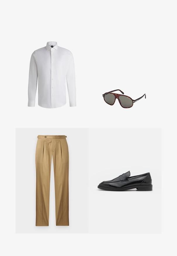 Bílá košile s dlouhým rukávem vyrobená z hladké bavlny, s klasickým límcem, plným zapínáním na knoflíky a knoflíkovými manžetami. Minimalistický design.; Béžové kalhoty s přímým střihem, které mají záhyby, zapínání na knoflík a poutka na pásek. Hladká tkanina s čistým, upraveným vzhledem.; Černé kožené mokasíny s hladkým povrchem, s kulatou špičkou a úzkým páskem přes svršek. Nízký vrstvený podpatek.; Sluneční brýle ve stylu želvoviny s tmavými čočkami, tvarem inspirovaným pilotkami, štíhlými kovovými akcenty na nohách a lesklým povrchem.