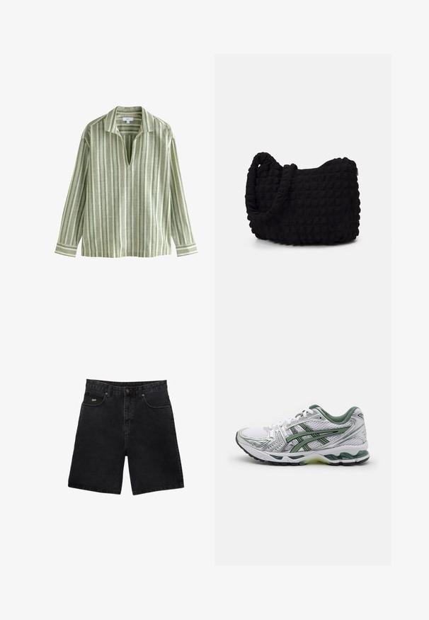 Camicia a maniche lunghe verde chiaro a righe con colletto, caratterizzata da strisce verticali in diverse tonalità di verde e crema, e un'apertura a V.; Shorts in denim nero con taglio dritto, cinque tasche, chiusura con bottone in metallo e logo del marchio discreto sulla tasca anteriore.; Scarpa da corsa bianca con accenti argentati, colletto in rete verde e strisce verdi. Presenta una tomaia in rete testurizzata e suola imbottita.; Borsa in tessuto nero con un motivo trapuntato e texture. Forma arrotondata, manici corti e spessi, e una struttura morbida e flessibile.