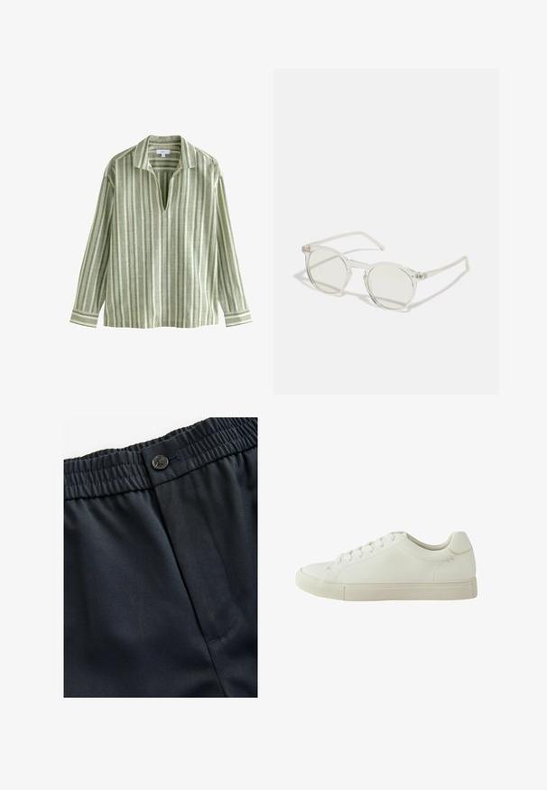 Gaiši zaļš svītrains gara piedurkne krekls ar apkakli, ar vertikālām svītrām dažādos zaļās un krēmtauku toņos, un V formas izgriezumu.; Tums zila, viegla auduma ar gludu tekstūru. Iespējo elastīga jostasvieta ar pogu aizdari un vienu sānu kabatu.; Baltas ādas sporta apavi ar teksturētu virsmu, apaļu purngalu, sešiem acs caurumiem un plakanu gumijas zoli. Smalka šuvju detaļa uz papēža.; Apaļi saulesbrilles ar caurspīdīgu rāmi, gaiši zaļām lēcām un plānām, caurspīdīgām kājām. Rāmī ir izsmalcināti metāla akcenti.