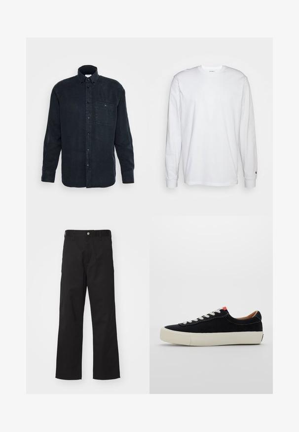 Chemise boutonnée à manches longues bleu marine, fabriquée en coton doux, avec une poche poitrine unique et un col classique.; T-shirt blanc à manches longues en coton. Design à col rond avec des poignets côtelés et un petit logo sur la manche gauche. Texture lisse.; Pantalons noirs en tissu durable avec une coupe droite, dotés d'une fermeture à bouton à l'avant, de passants de ceinture et sans motifs ni accents visibles.; Baskets en tissu noir avec lacets blancs, semelle en caoutchouc beige et accent rouge au talon. Bout arrondi et détails de couture minimes.