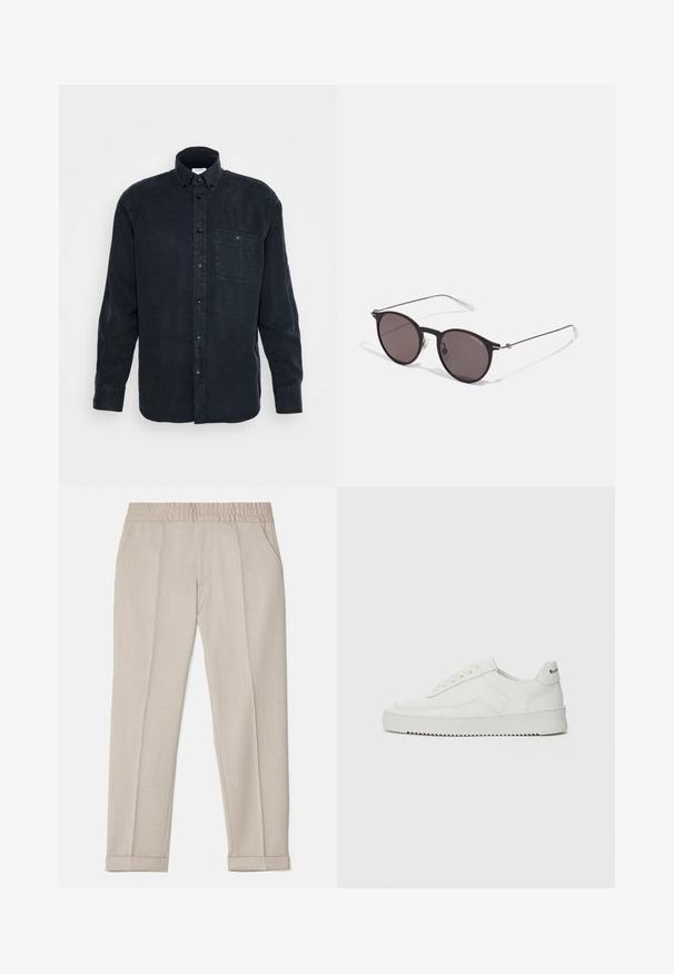Donkerblauwe overhemd met lange mouwen, gemaakt van zachte katoen, met een enkele borstzak en een klassiek kraagontwerp.; Filippa K TERRY CROPPED TROUSERS - Broek - sage melange; Witte leren sneaker met een gladde afwerking, ronde neus, platte veters en een gestructureerde zool. Kenmerkt zich door een subtiel logo op de hiel.; Zwarte ronde zonnebril met donkere lenzen en slanke metalen armen. Inclusief heldere tempelpunten en zilveren accenten bij de scharnier. Minimalistisch ontwerp.