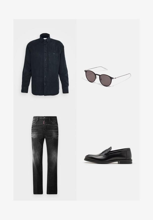 Dark blue long-sleeve button-up shirt made of soft cotton, featuring a single chest pocket and a classic collar design.; Black denim jeans with a straight fit. Features faded areas, minor distressing, classic five-pocket design, and a button closure.; Black leather loafers with a smooth texture, rounded toe, and a decorative strap across the vamp. Low stacked heel, minimalist design.; Black round sunglasses with dark lenses and slim metal arms. Includes clear temple tips and silver accents at the hinge. Minimalist design.