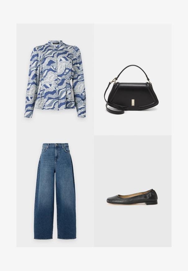 Blue blouse featuring a wave pattern in white, with a button-up front, rounded collar, and long sleeves. Made from a textured fabric.; Wide-leg jeans made of dark blue denim. Features a high waist, five pockets, and top button closure. Slightly faded texture throughout.; Black leather ballet flats with a rounded toe and minimal stitching. Low, rectangular heel and smooth texture. Subtle interior lining detail.; Black leather handbag with a structured design, featuring a cropped shape, top handle, and gold hardware accent. Adjustable shoulder strap included.