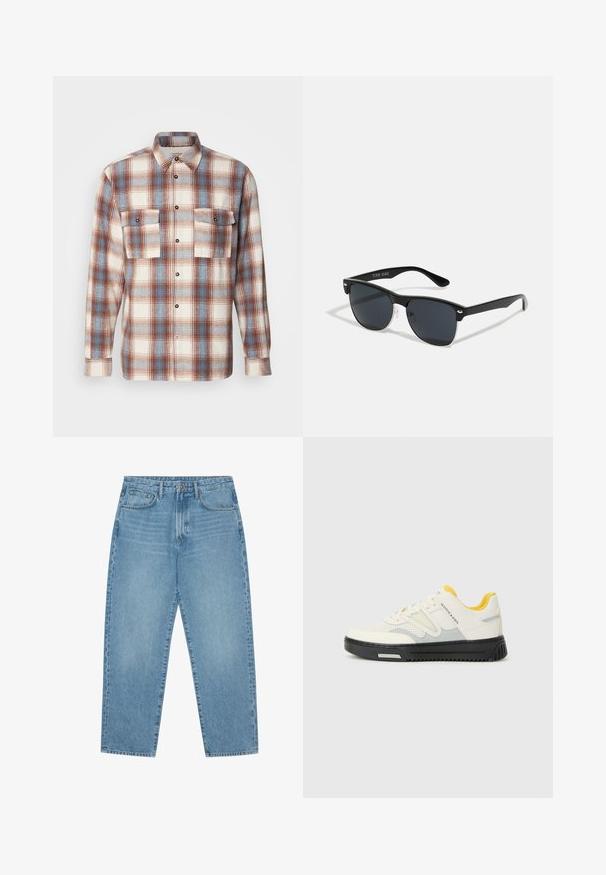 Ruudullinen paita, värit: kerma, ruskea ja vaaleansininen. Pitkät hihat, nappikiinnitys edessä, kaksi rintataskua sekä mustat napit koristeena. Pehmeä tekstuuri.; Vaaleansiniset leveälahkeiset farkut korkealla vyötäröllä, joissa on viisi taskua, vyölenkit ja pehmeä, hieman haalistunut pinta.; Valkoinen ja harmaa urheilukenkä, jossa on teksturoitu päällinen, keltaisia yksityiskohtia kielen kohdalla ja paksu musta pohja. Sisältää rei'ityksiä hengittävyyden parantamiseksi.; Mustat aurinkolasit, joilla on suorakulmainen muoto, tummat linssit, hopeiset yksityiskohdat temppeleissä ja matta pinta kehykset.